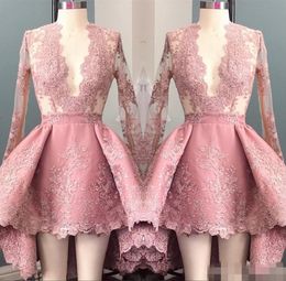 Pink Fashion High Low Prom Dresses Long Illusion Sleeves Lace Applique Short Mini Evening Gown Plunging V Neck Graduation Party Wear