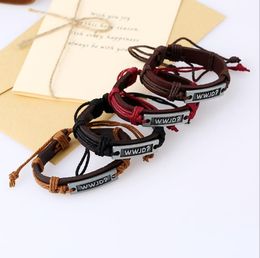 Fashion Bracelets Wrap Rope Alloy Letters Charm Cow Leather Bracelet Men Jewellery Handmade Wristband WWJD? in Rectangle Brown