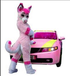 2018 High quality hot Sexy Pink Husky fox Dog Mascot Costume Suits Long Fur Fancy Dress Adults