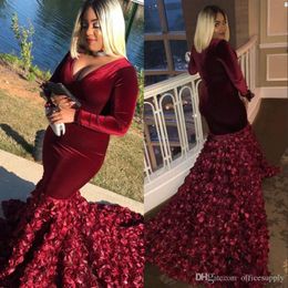 Burgundy African Mermaid Prom Dresses Plus Size Long Sleeves Rose Flowers Velvet Fitted Women Sexy Evening Party Gowns Robe De Mariee