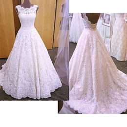 Vintage Full Lace Wedding Dresses Scalloped Neckline 2020 Custom Made Sweep Train Covered Buttons Back Wedding Bridal Gown Plus Size