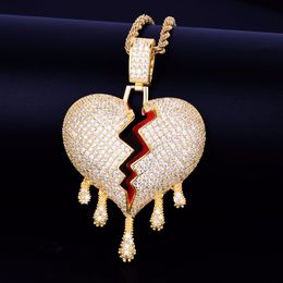 Red oil Drip Heart Pendant With Cuban link Chain Gold Silver Color Cubic Zircon Men's Women Hip hop Jewelry 6.5x4.2cm
