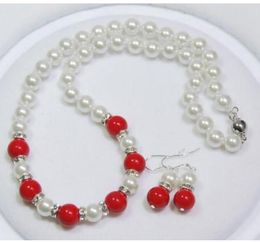 FREE SHIPPING White Shell Pearl /10mm Red Coral Beads Necklace + Earrings Set