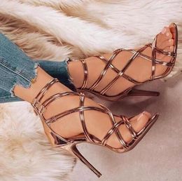 Lace up Cross-tie Gladiator Women Sandals Metal Gold Sexy High Heel Sandals Women Summer Beach Sandals Ladies Shoes