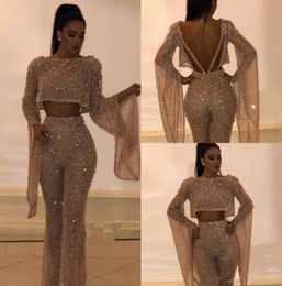Yousef aljasmi Jumpsuit Prom Dresses Two Pieces Long Sleeves Sequined Formal Evening Gowns Backless African Party Gowns Plus Size