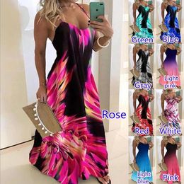 Women's Fashion Summer Sling Flower Printed Colorful Dresses Sleeveless Floral Print Sling Prom Gowns Deep V-Neck Slim Fit Beach Skirts