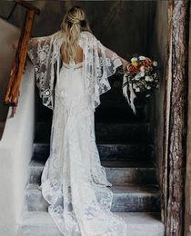 Bohemian 2021 Beach Wedding Dresses Bridal Gowns V Neck Bell Long Sleeve Lace Open Backless Boho robe de mariee202b