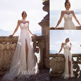 Mermaid Pentelei Wedding Dresses High Neck Long Sleeve Tulle Beads Sequins Split Detachable Wedding Gowns Floor Length robe de mariée