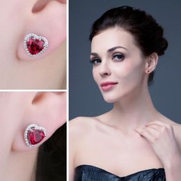Fashion-Palace Heart Of Ocean 3.8ct Created Red Ruby Love Forever Halo Stud Earrings 925 Sterling Silver Fine Jewellery For Women