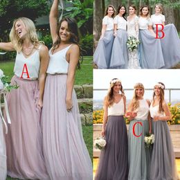 2019 Ucuz Ülke Nedime Elbiseleri Spagetti Kayışları Kısa Kollu Dantel Tül Beach Düğün Konuk Partisi Uzun Şeref Hizmetçisi Onur Elbisesi