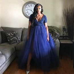 Royal Blue Plus Size Sequined Prom Dresses Deep V Neck Short Sleeves Side Split Evening Gowns Floor Length Tulle A Line Formal Dress 407