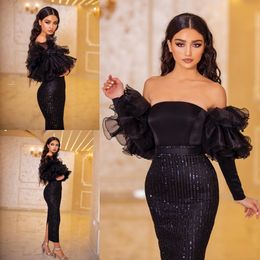 Sparkly Black Sheath Sequined Prom Dresses Strapless Neck Ruffled Long Sleeves Evening Gowns Arabic Tea Length Formal Dress 407