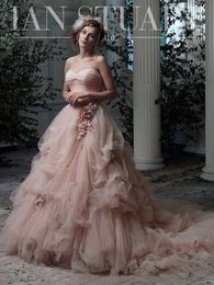 Vintage Blushing Pink A-line Tulle Wedding Dresses With Colourful Flowers Sweetheart Ruched Women Non White Bridal Gowns Custom Made