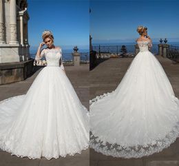 Setwell Bateau Ball Gown Wedding Dress Lace Appliques 3/4 Long Sleeve Wedding Gowns Chapel Train Plus Size Bridal Dress