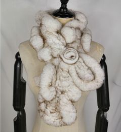 Wholesale- Real Rex Rabbit Scarf Rose Floral Design Girls Natural Fur Wraps Winter Soft Muffler For Women