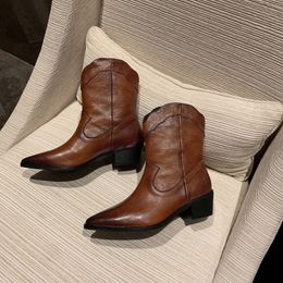 Hot Sale-new fund head layer cowhard restore ancient ways medium tube western cowboy boots female pointy medium thick heel short boots