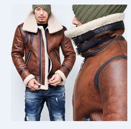 NEW Fashion Men Winter Tops Long Sleeve Fur Belt Faux Leather Jacket Highneck Shearling Coat Wool Lining Bomber Jacket Men DB028