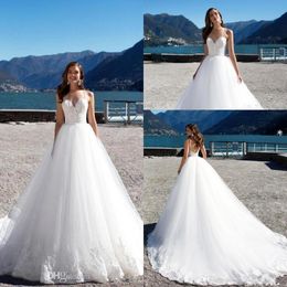 Spaghetti Straps Lace A Line Wedding Dresses 2020 Tulle Applique Sweep Train Summer Beach Wedding Gowns For Garden BC2454