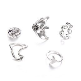 5 PCS/Set Mermaid Wave Midi Rings band for Women Bohemian Moon Turtle Charms Rings Wedding Party Punk Jewellery New Fashion Gifts