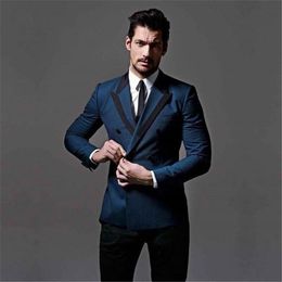 Two Pieces (Blue Blazer+Black Pant) Double Breasted Wedding Men's Suits Peaked Lapel Custom Made Men's Tuxedos One Set Per Opp Bag