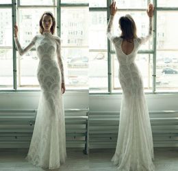 Ersa Atelier Mermaid Wedding Dresses High Neck Lace Hollow Back Floor Length Beach Wedding Dress Custom Pearls Long Sleeve Bridal Gowns