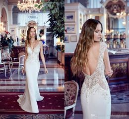 Sexy Elegant Cap Sleeves Satin Mermaid Wedding Dresses V Neck Lace Applique Beaded Crystals Backless Court Train Wedding Dress Bridal Gowns