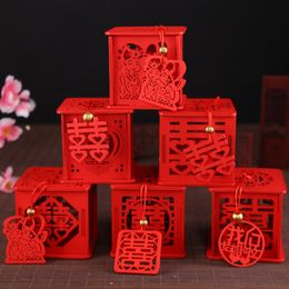 Many Styles Wood Chinese Double Happiness Wedding Favour Boxes Candy Box Chinese Red Classical Sugar Case With Tassel 6.5x6.5x6.5cm LX2111