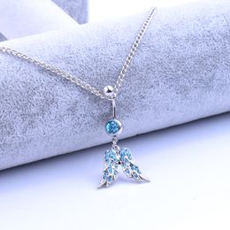 Wasit Belly Dance Blue Wing Chain Crystal Body Jewellery Stainless Steel Rhinestone Navel & Bell Button Piercing Dangle Rings for Women Gift