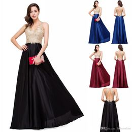 Sexy Backless Lace Satin Evening Dress A Line V Neck Gold Appliques Prom Gowns Robe De Soiree Cheap CPS358302V