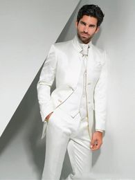 Online Groom Tuxedos Mandarin Lapel Men 's Suit White Groomsman Best Man Wedding/Prom Suits (Jacket+Pants+Tie+Vest)