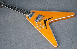 Custom Shop Yellow Flame Maple Top Flying V Electric Guitar Moderne Headstock, Abalone Inlay, Grover Tuners, Strings Thru Body Bridge