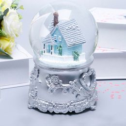 10*15CM Nordic Blue Houses Spin Snow Globe Bluetooth Function Crystal Ball Music Box Home Decor Wedding Christmas New Year Gifts