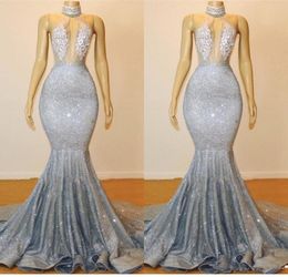 New Silver Grey Sequins Mermaid Prom Dresses Sexy Keyhole Neck Backless Evening Dresses Court Train Women Party Gowns