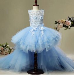 Ivory and Light Sky Blue Flower Girls Pageant Dresses Jewel Neck Lace Flowers Ball Gown Tulle Corset Back