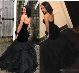 2019 Black Velvet Tiered Skirt Organza Prom Dresses Mermaid Sweetheart Neckline Long Custom Made Formal Occasion Wear Evening Party Gown