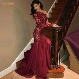 Burgundy One Shoulder Prom Dresses Long Sleeve Sexy Lace Appliqued Chiffon Prom Dress Mermiad Evening Party Formal Gown