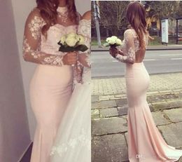 2019 High Neck Pink Mermaid Cheap Bridesmaid Dress Long Sleeves Garden Boho Wedding Party Guest Maid of Honour Gown Plus Size Custom Made