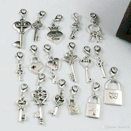 Hot ! 102pcs Antique Silver mixed Heart Crown Lock / Key Dangle Beads And Lobster Clasp DIY Jewellery 17 style