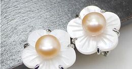 Señora Natural de 6-7mm rosa perla agua dulce Shell flor pendientes de plata 925 pendientes de