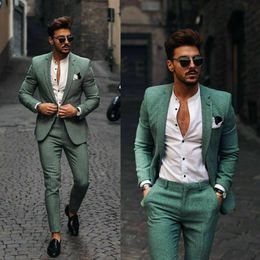 Green Winter Groom Wear Slim Fit One Button Peaked Lapel Mens Business Formal Prom Tuxedos Best Man Blazer Suit (Jacket+Pants)