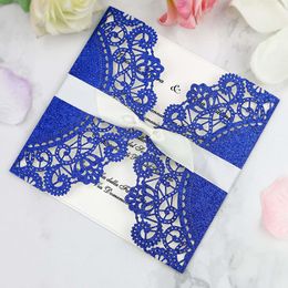 New Blue Glitter Lace Flower Pattern Bowknot Ribbons Wedding Invitations Cards For Birthday Baby Shower Wedding Invitations