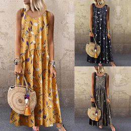 Enlishop Womens Folk Style Embroidery Sleeveless Linen Loose Maxi Dress Brown