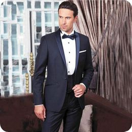 Navy Blue Groom Tuxedos Shawl Lapel Men Wedding Tuxedos Excellent Men Business Dinner Prom Blazer 3 Piece Suit(Jacket+Pants+Tie+Vest) 1160