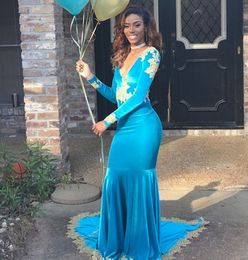 Mermaid Blue Prom Dress With Gold Appliques Women V-neck Long Sleeves Party Gowns Velour Vestido De Gala