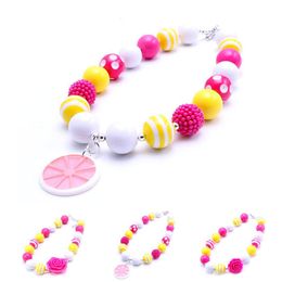 Newest Design Pink+Yellow Necklace Birthday Party Gift For Toddlers Girls Beaded Bubblegum Baby Kids Chunky Necklace Jewelry
