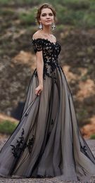 Black and Nude Gothic A-line Wedding Dresses Off the Shoulder Lace Tulle Boho Infomal Forest Bohemian Coloured Wedding Gowns