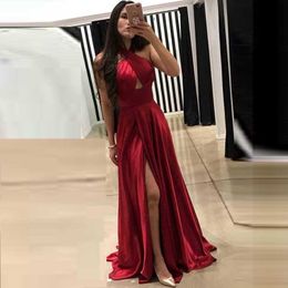 Sexy Robe De Soiree Evening Dress Halter backless Vestidos Satin A Line Side Split Party Gown Evening Gowns Vestido Para Festa Longo