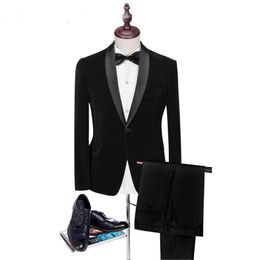 Customize Black Velvet Groom Tuxedos Shawl Lapel Groomsmen Wedding Dress Autumn Winter Style Men Formal Party Prom Suit(Jacket+Pants+Tie)884