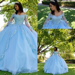 Vintage Sky Blue Ball Gown Quinceanera Dresses Off the Shoulder Long Sleeves Lace Appliques Crystal Beaded Sweet 16 Party Prom Evening Gowns