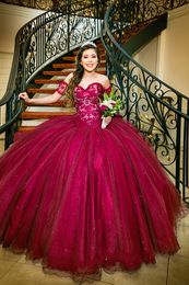 Wine Red Embroidery Prom Quinceanera Dresses Cold Shoulder Crystal Big Bow Glitter Tulle Ball Gown Sweet 16 Dress Prom Vestidos De Festia